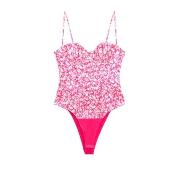 Zara Printed Corset Bodysuit Pink White Floral Medium NWT - Picture 5 of 9